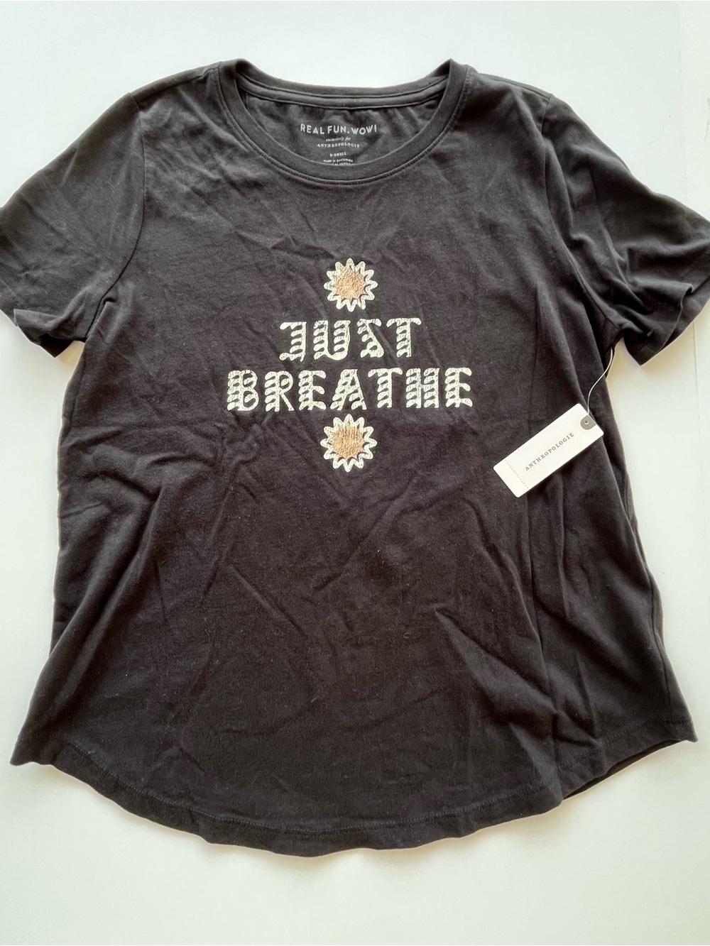 Anthropologie Black 'Just Breathe' Graphic Tee with Cream & Tan Floral Accents